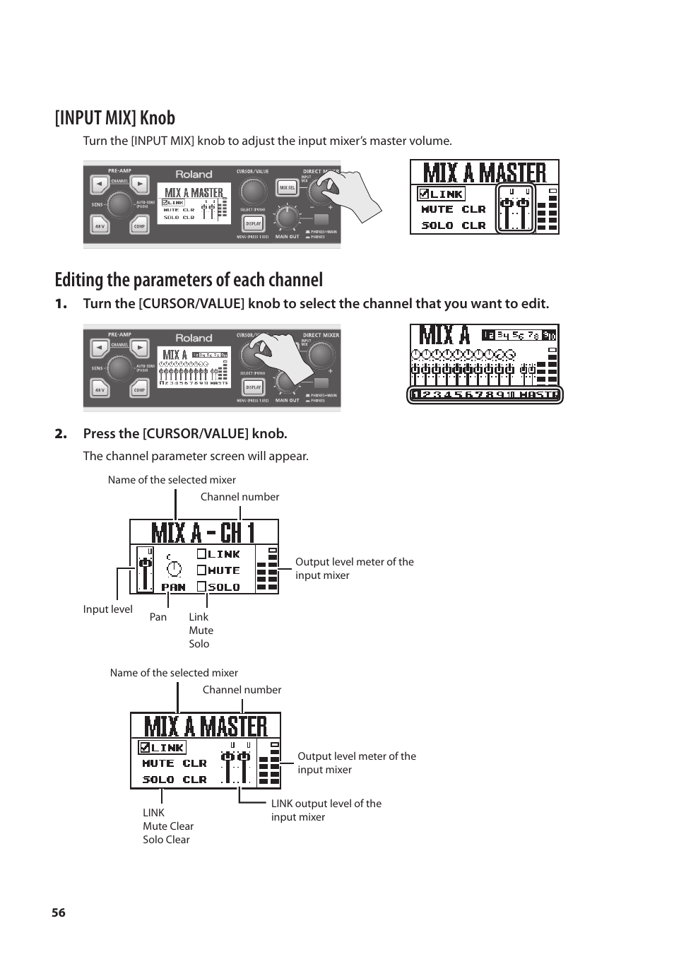 Input mix] knob, Editing the parameters of each channel | Roland OCTA-CAPTURE - High-Speed USB Audio Interface User Manual | Page 56 / 100