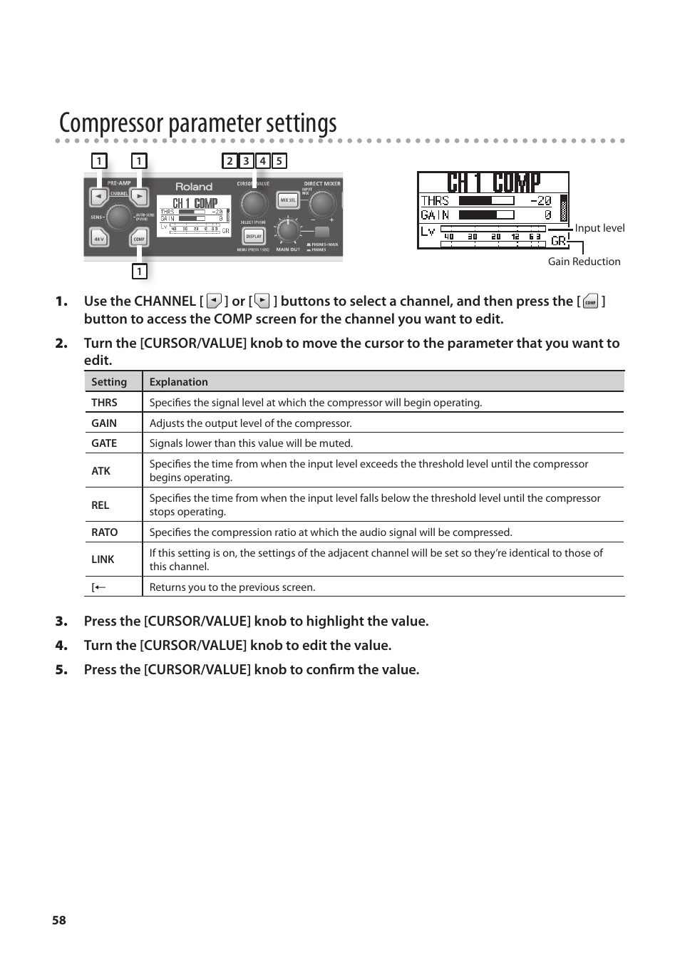 Compressor parameter settings | Roland OCTA-CAPTURE - High-Speed USB Audio Interface User Manual | Page 58 / 100