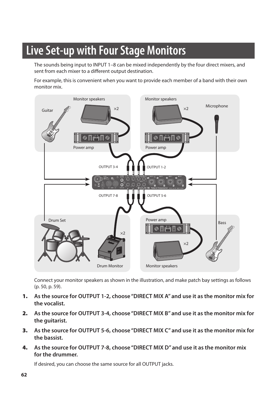 Live set-up with four stage monitors, Live set-up with four stage monitors” (p. 62) | Roland OCTA-CAPTURE - High-Speed USB Audio Interface User Manual | Page 62 / 100
