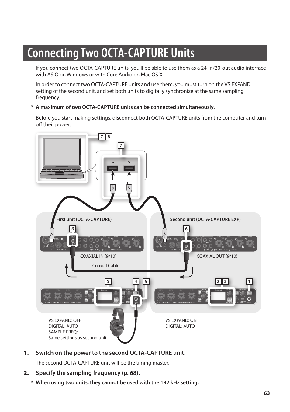 Connecting two octa-capture units, Connecting two octa-capture units” (p. 63) | Roland OCTA-CAPTURE - High-Speed USB Audio Interface User Manual | Page 63 / 100