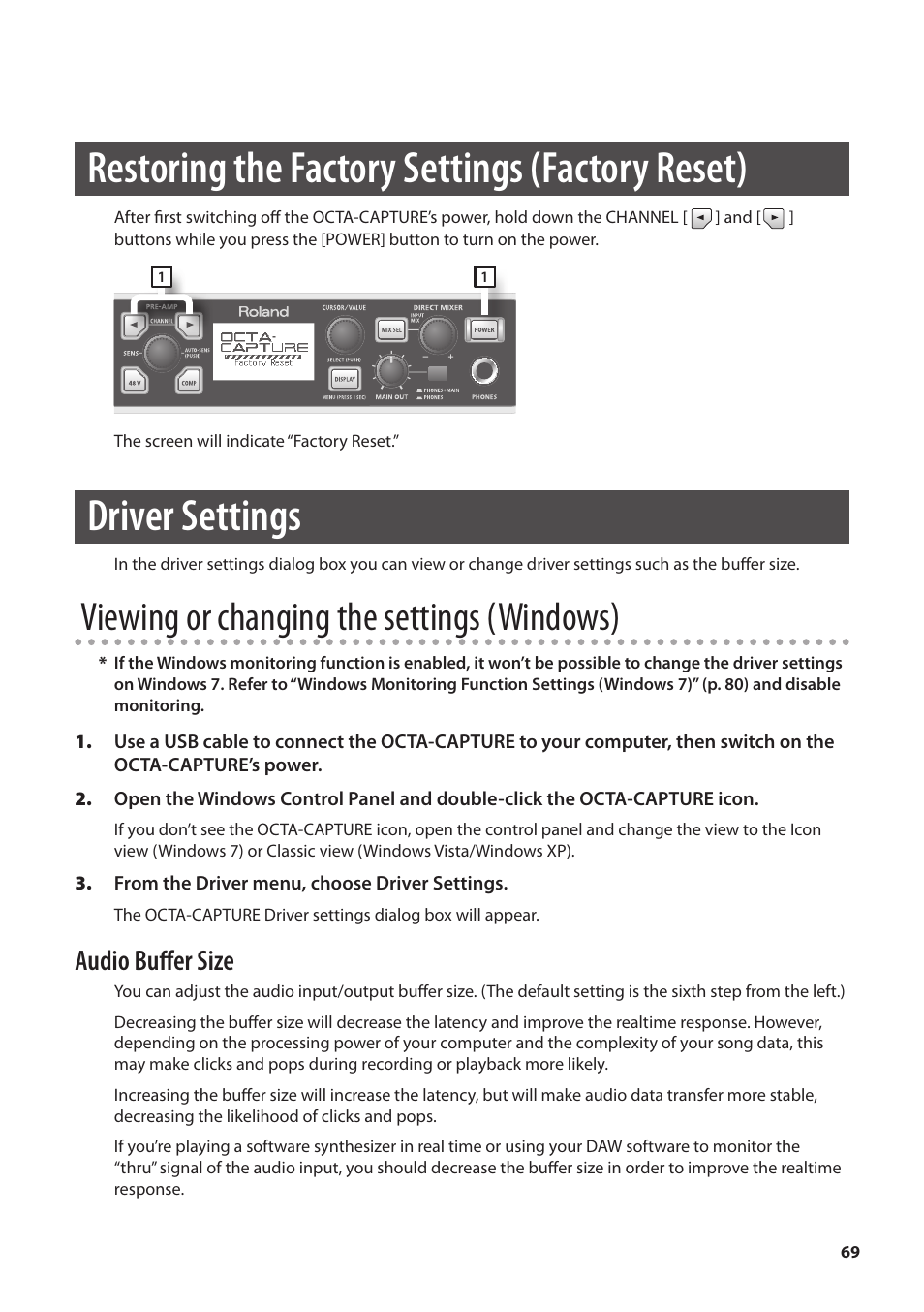 Restoring the factory settings (factory reset), Driver settings, Settings (p. 69) of the oc | Viewing or changing the settings (windows), Audio buffer size | Roland OCTA-CAPTURE - High-Speed USB Audio Interface User Manual | Page 69 / 100