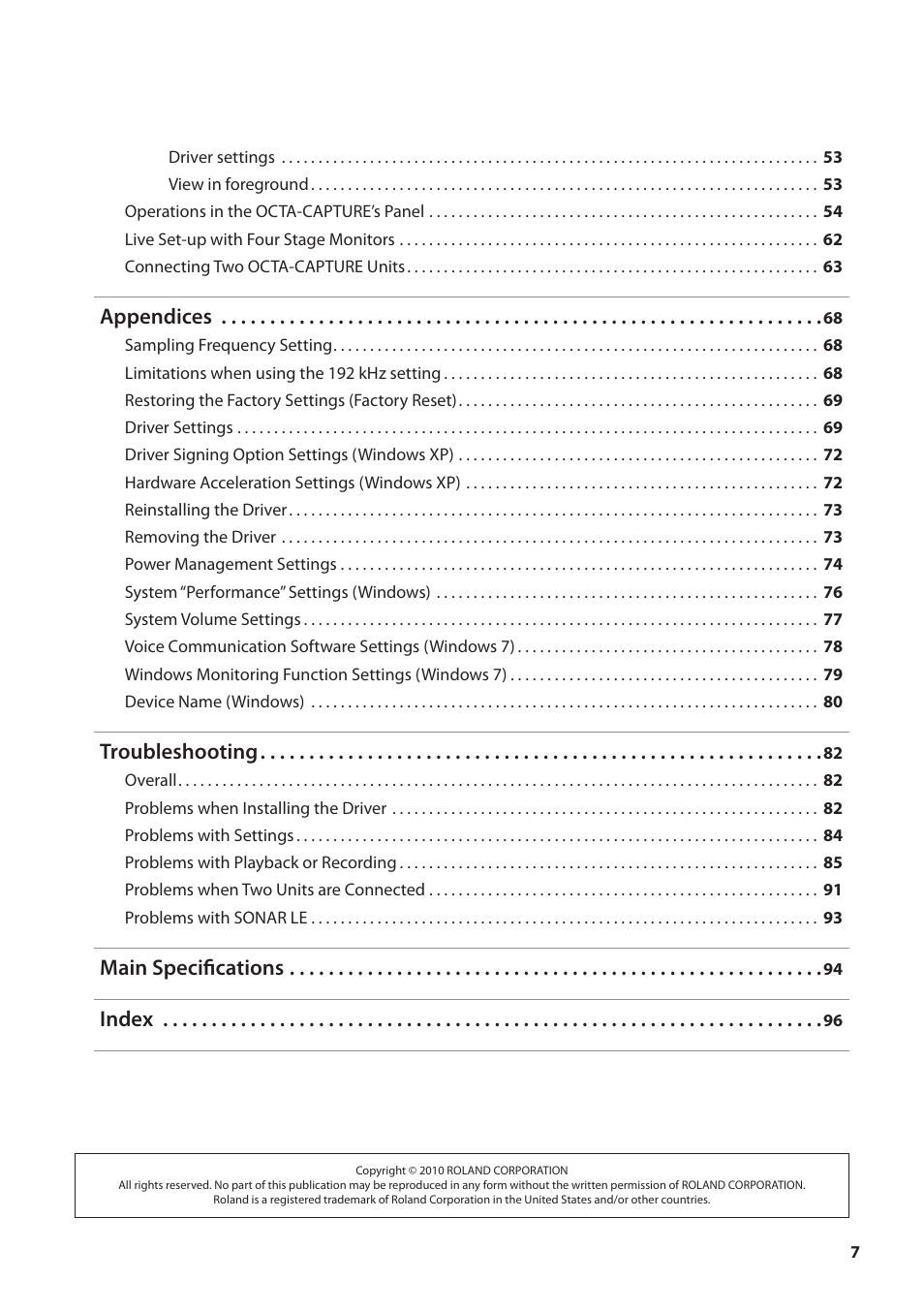 Appendices, Troubleshooting, Main specifications | Index | Roland OCTA-CAPTURE - High-Speed USB Audio Interface User Manual | Page 7 / 100
