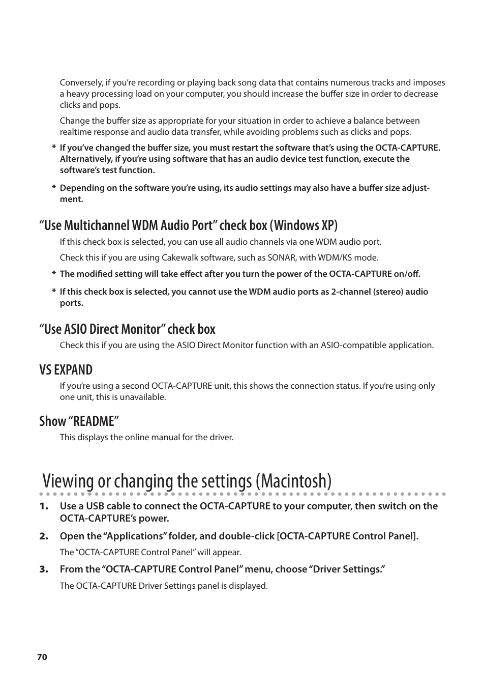 Viewing or changing the settings (macintosh), Use asio direct monitor” check box, Vs expand | Show “readme | Roland OCTA-CAPTURE - High-Speed USB Audio Interface User Manual | Page 70 / 100