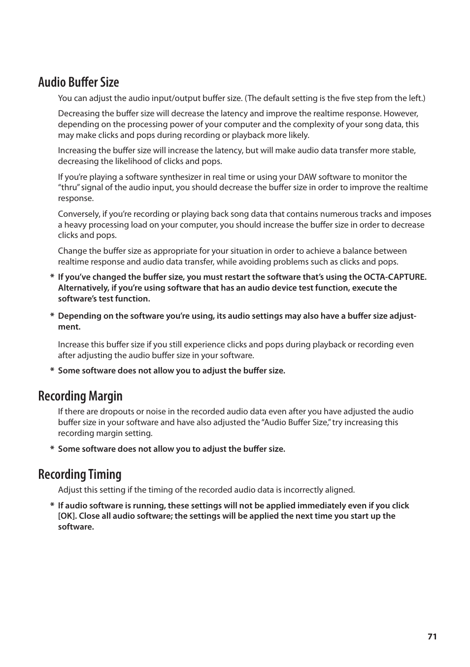 Audio buffer size, Recording margin, Recording timing | Roland OCTA-CAPTURE - High-Speed USB Audio Interface User Manual | Page 71 / 100