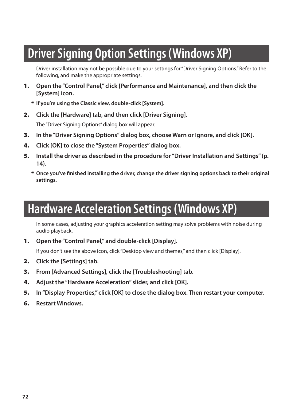 Driver signing option settings (windows xp), Hardware acceleration settings (windows xp), Ibed in “driver | Signing option settings (windows xp)” (p. 72) | Roland OCTA-CAPTURE - High-Speed USB Audio Interface User Manual | Page 72 / 100