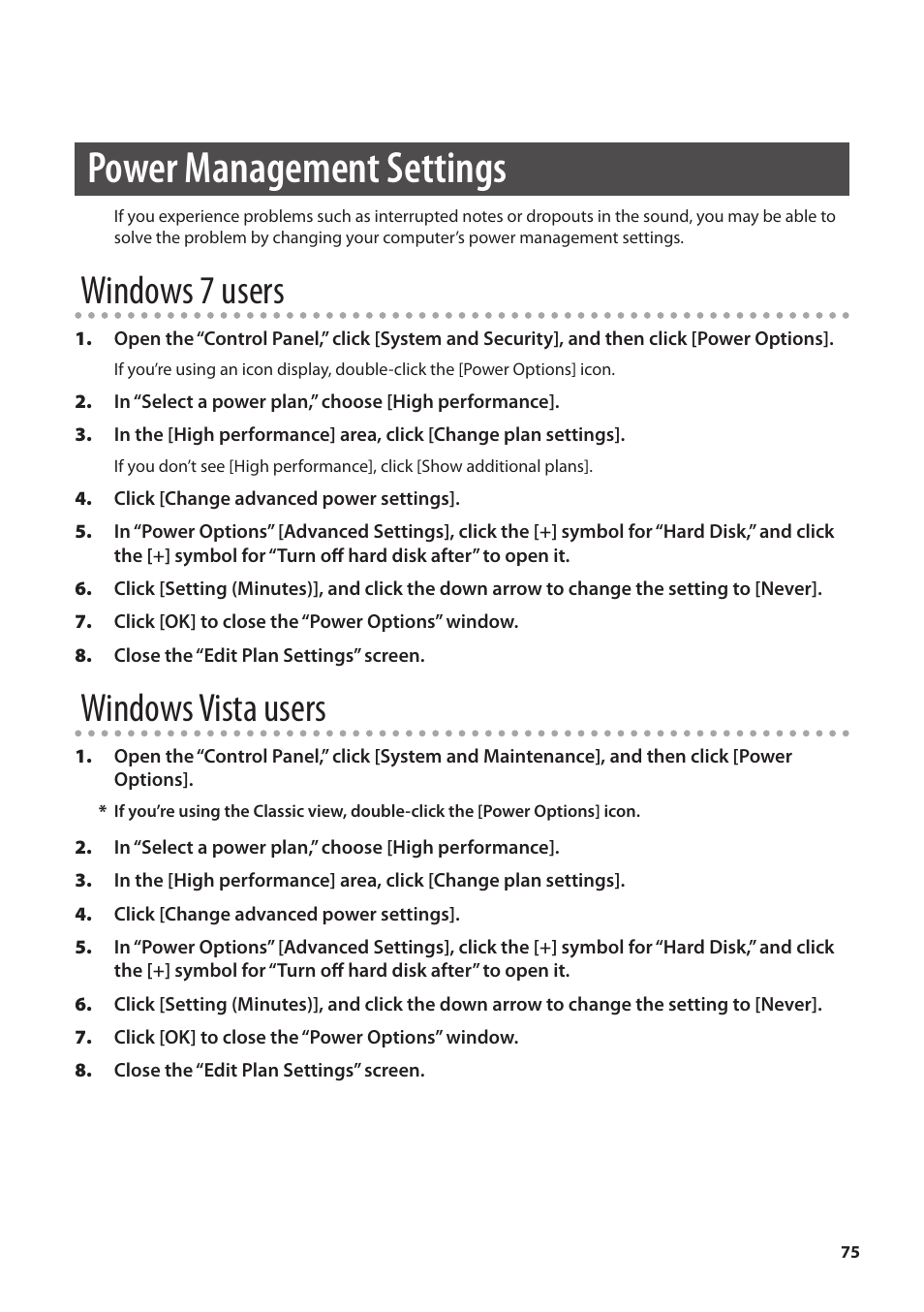 Power management settings, Windows 7 users, Windows vista users | Roland OCTA-CAPTURE - High-Speed USB Audio Interface User Manual | Page 75 / 100