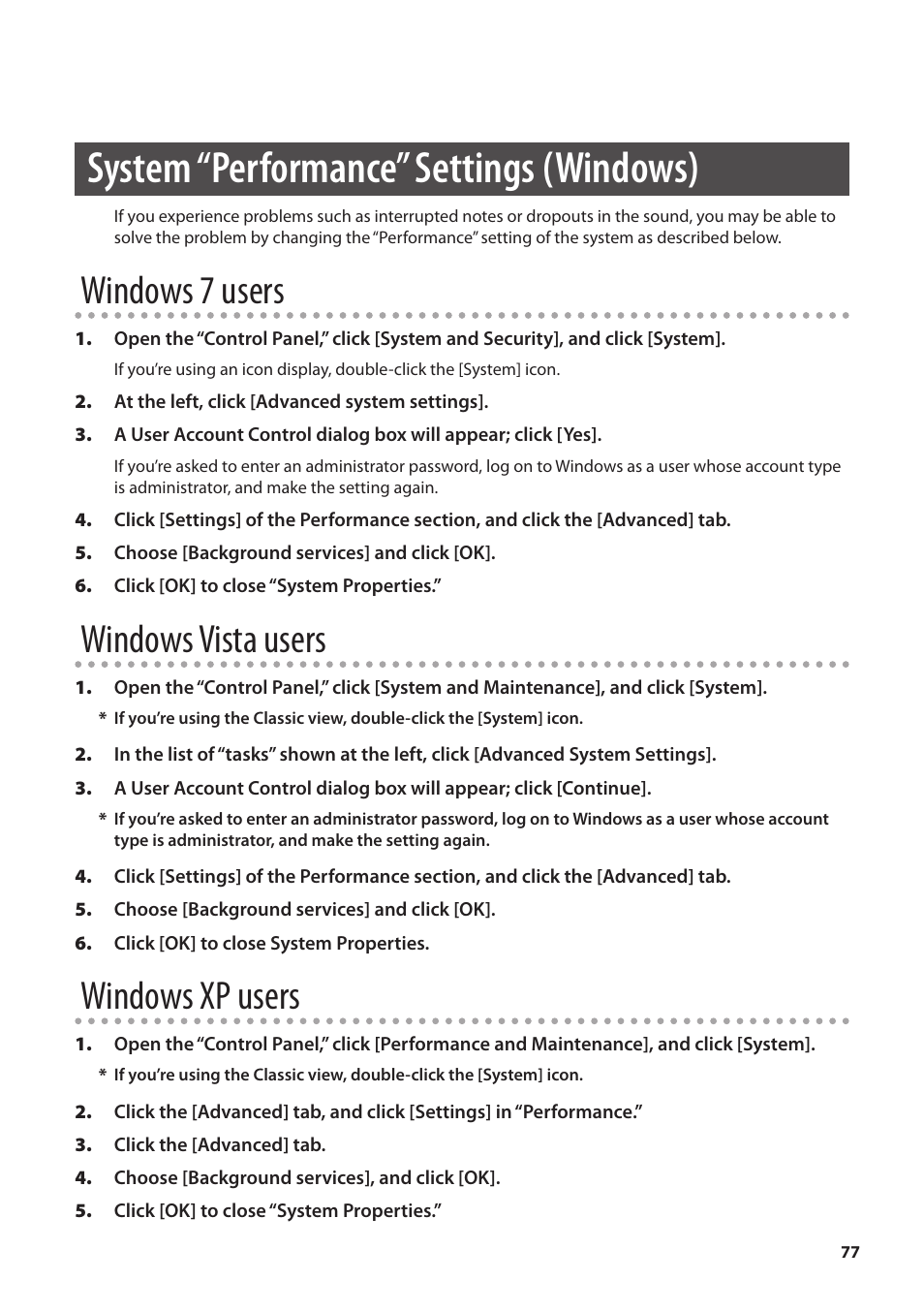 System volume settings, System “performance” settings (windows), Windows 7 users | Windows vista users, Windows xp users | Roland OCTA-CAPTURE - High-Speed USB Audio Interface User Manual | Page 77 / 100