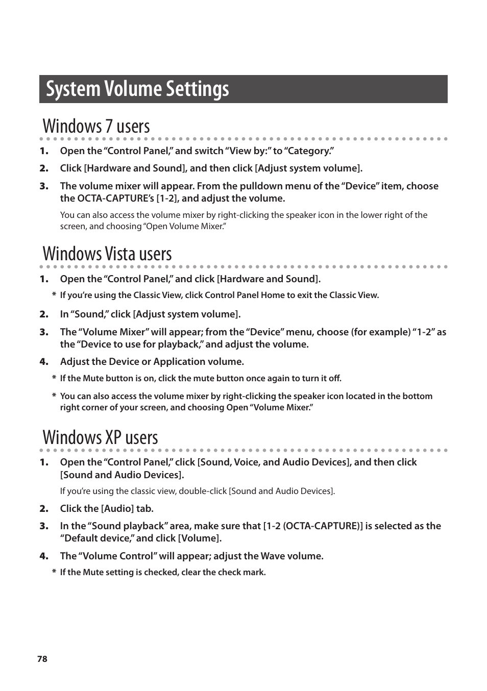 Voice communication software settings (windows 7), System volume settings, Windows 7 users | Windows vista users, Windows xp users | Roland OCTA-CAPTURE - High-Speed USB Audio Interface User Manual | Page 78 / 100