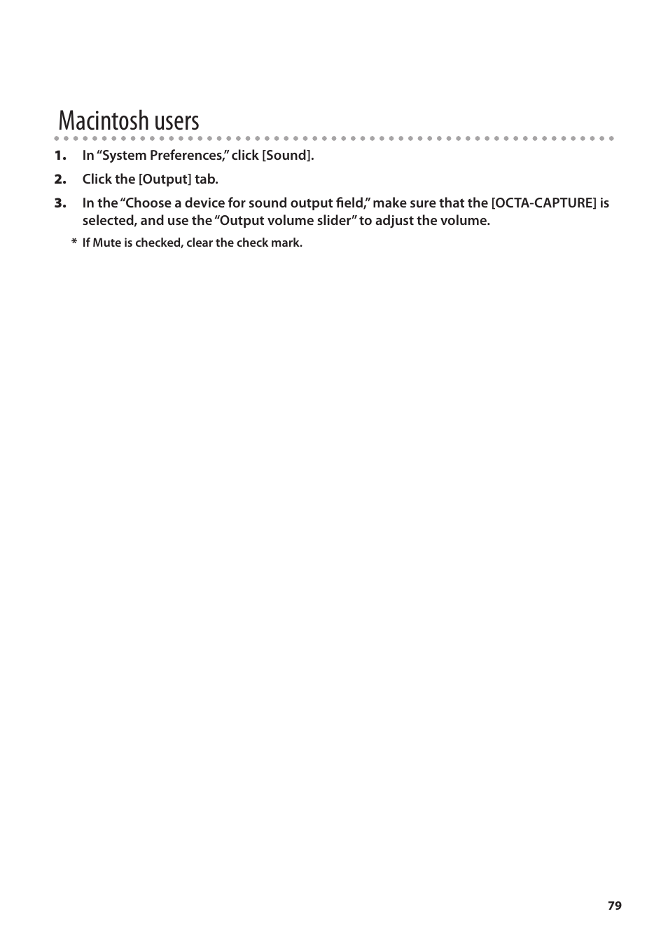 Windows monitoring function settings (windows 7), Macintosh users | Roland OCTA-CAPTURE - High-Speed USB Audio Interface User Manual | Page 79 / 100