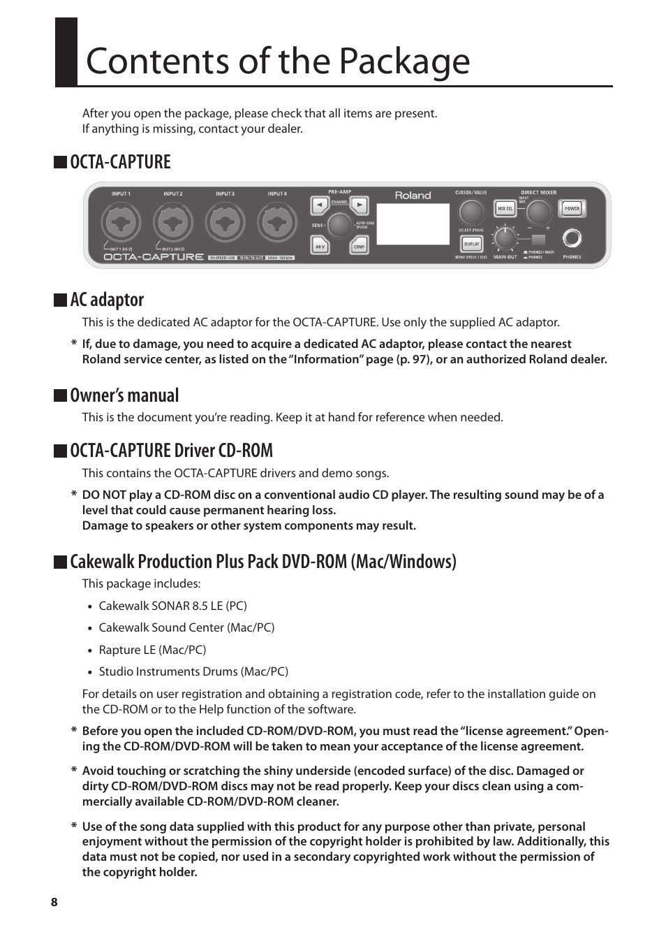 Contents of the package, Octa-capture ac adaptor, Owner’s manual | Octa-capture driver cd-rom | Roland OCTA-CAPTURE - High-Speed USB Audio Interface User Manual | Page 8 / 100