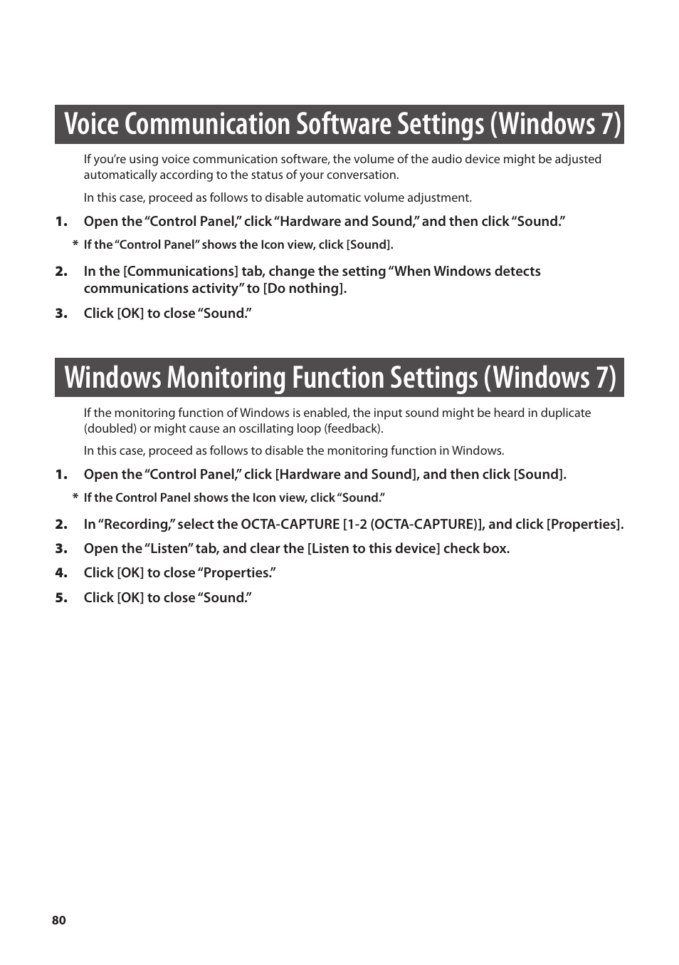 Device name (windows), Voice communication software settings (windows 7), Windows monitoring function settings (windows 7) | Roland OCTA-CAPTURE - High-Speed USB Audio Interface User Manual | Page 80 / 100