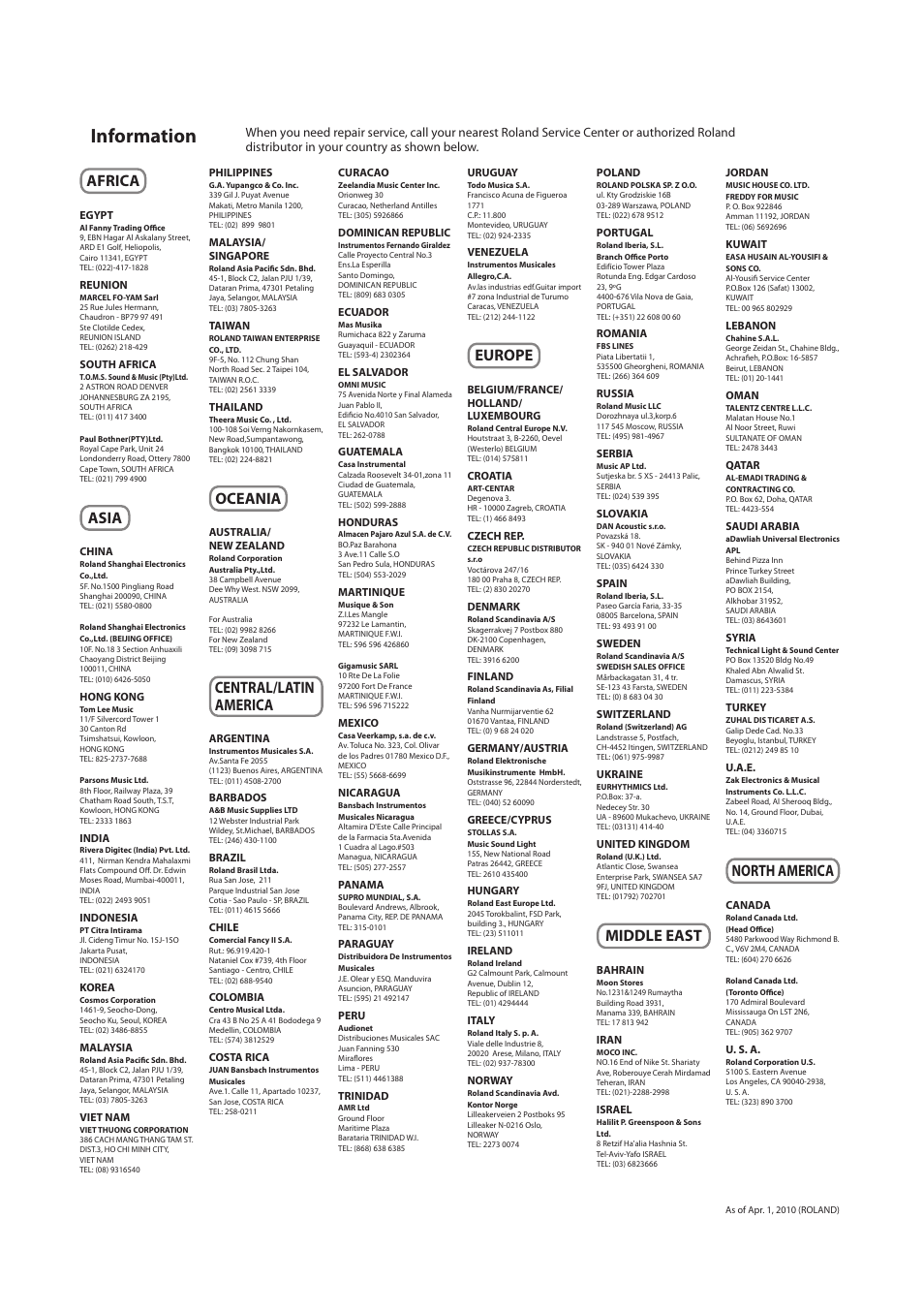 Information, Africa, Asia | Oceania, Central/latin america, Europe, Middle east, North america | Roland OCTA-CAPTURE - High-Speed USB Audio Interface User Manual | Page 97 / 100