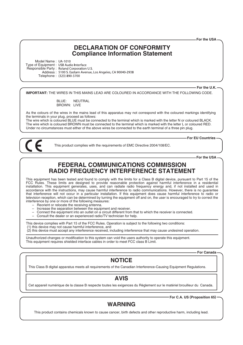 Notice avis, Warning | Roland OCTA-CAPTURE - High-Speed USB Audio Interface User Manual | Page 99 / 100