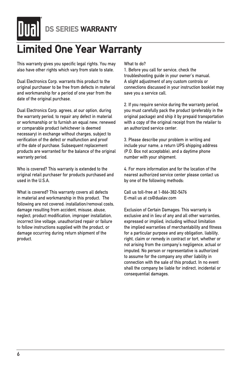 Limited one year warranty, Ds series warranty | Dual DS SERIES DS573 User Manual | Page 6 / 8