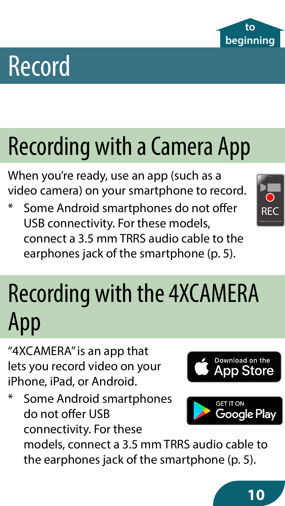 Record, Recording with a camera app, Recording with the 4xcamera app | Roland GO:MIXER PRO-X Audio Mixer for Smartphones User Manual | Page 10 / 24