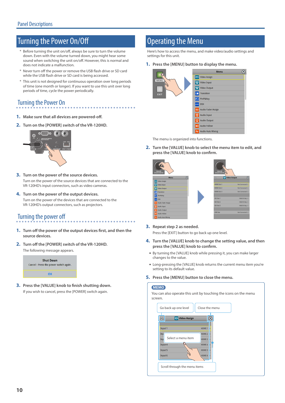 Turning the power on/off, Operating the menu, Turning the power on | Turning the power off, Panel descriptions | Roland VR-120HD Direct Streaming AV Mixer User Manual | Page 10 / 161