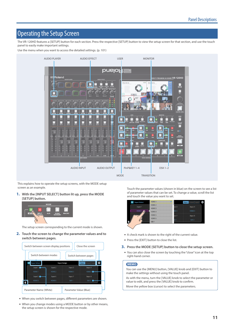 Operating the setup screen, Panel descriptions | Roland VR-120HD Direct Streaming AV Mixer User Manual | Page 11 / 161