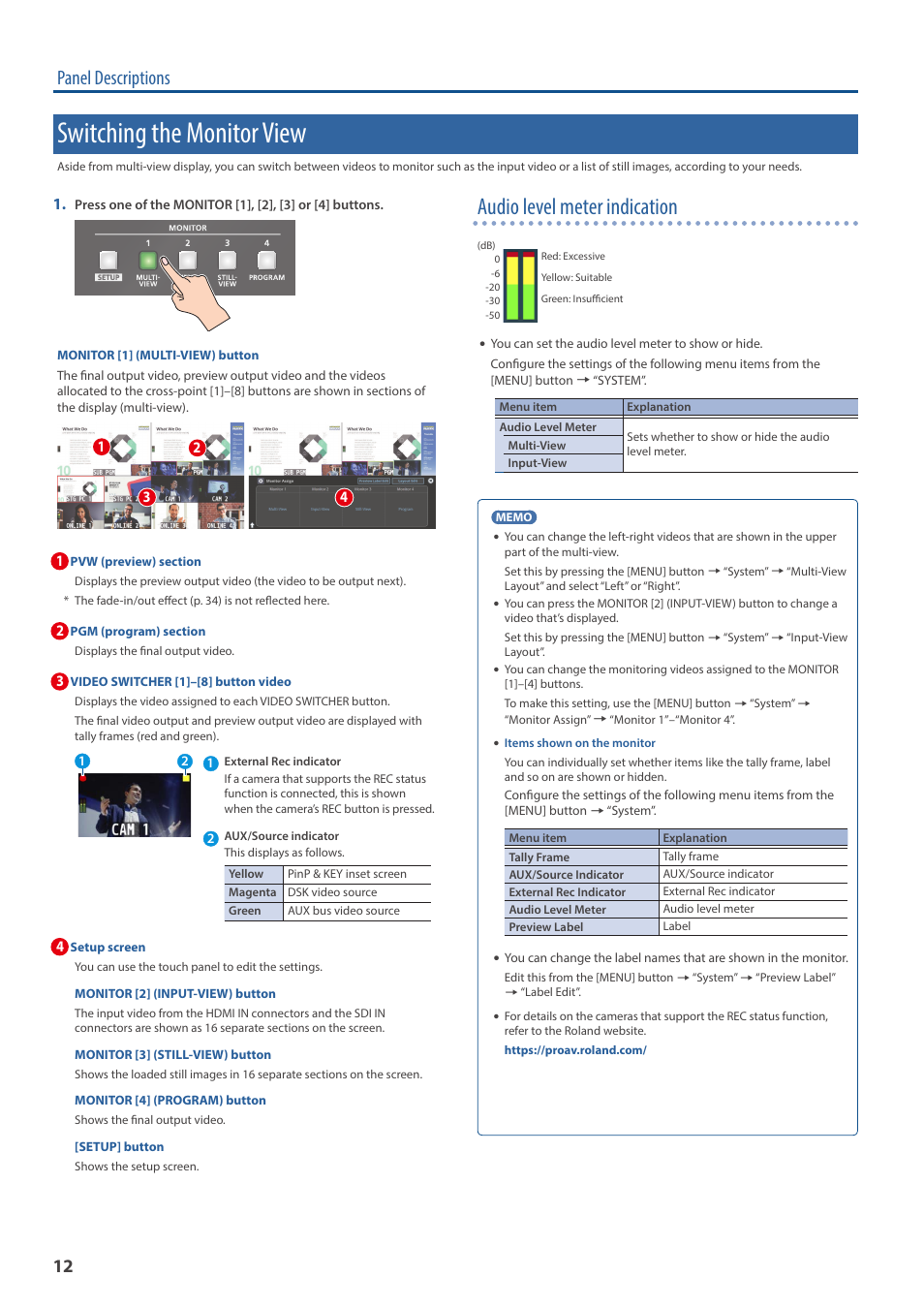 Switching the monitor view, Audio level meter indication, Panel descriptions | Roland VR-120HD Direct Streaming AV Mixer User Manual | Page 12 / 161