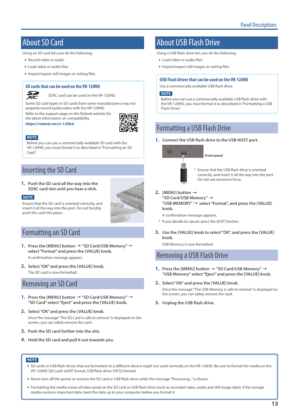 About sd card, Inserting the sd card, Formatting an sd card | Removing an sd card, About usb flash drive, Formatting a usb flash drive, Removing a usb flash drive, Panel descriptions | Roland VR-120HD Direct Streaming AV Mixer User Manual | Page 13 / 161