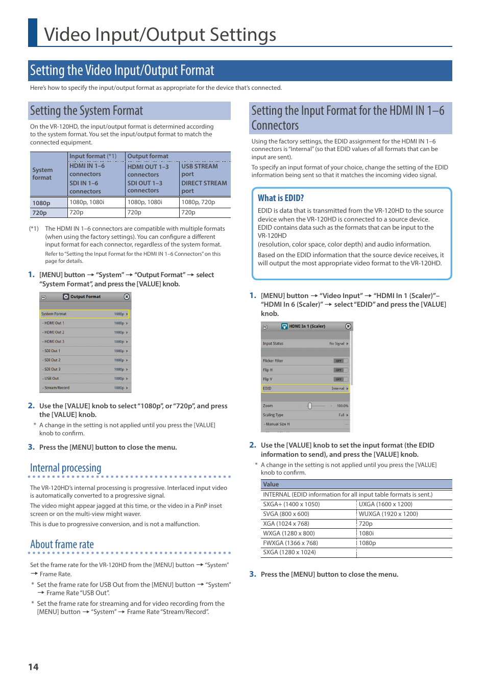 Video input/output settings, Setting the video input/output format, Setting the system format | Internal processing, About frame rate, What is edid | Roland VR-120HD Direct Streaming AV Mixer User Manual | Page 14 / 161