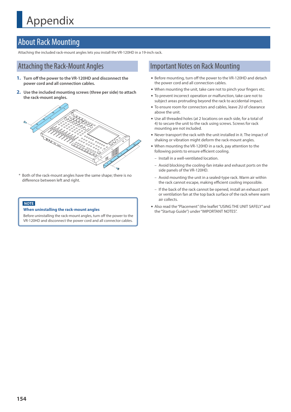 Appendix, About rack mounting, Attaching the rack-mount angles | Important notes on rack mounting | Roland VR-120HD Direct Streaming AV Mixer User Manual | Page 154 / 161