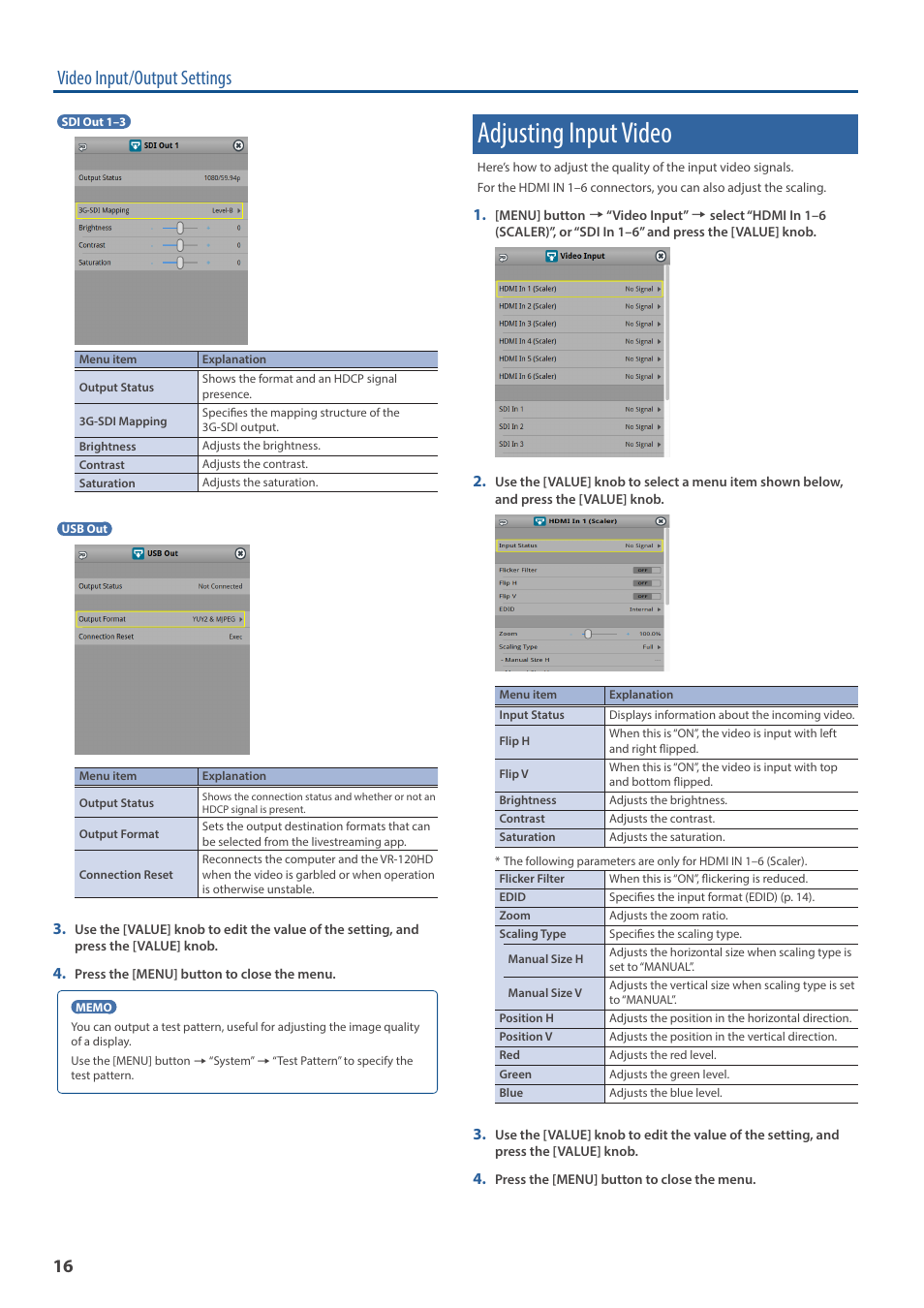 Adjusting input video, Video input/output settings | Roland VR-120HD Direct Streaming AV Mixer User Manual | Page 16 / 161