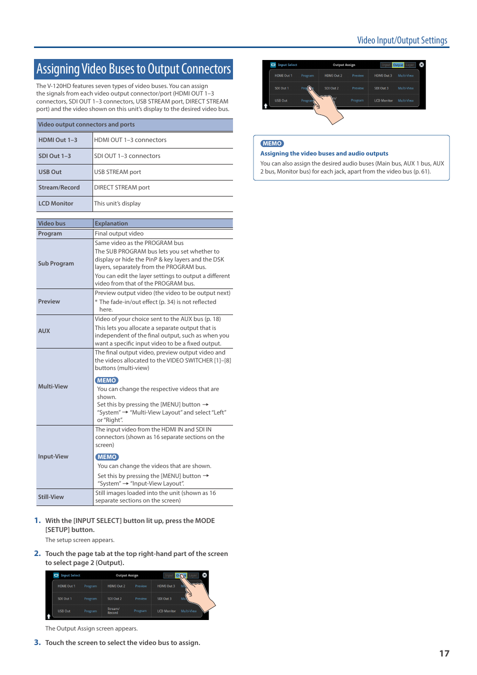 Assigning video buses to output connectors, Video input/output settings | Roland VR-120HD Direct Streaming AV Mixer User Manual | Page 17 / 161