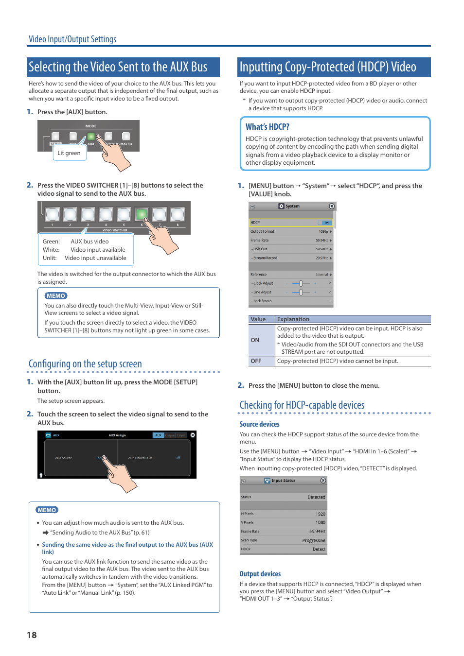 Selecting the video sent to the aux bus, Inputting copy-protected (hdcp) video, Configuring on the setup screen | Checking for hdcp-capable devices, Video input/output settings, What’s hdcp | Roland VR-120HD Direct Streaming AV Mixer User Manual | Page 18 / 161