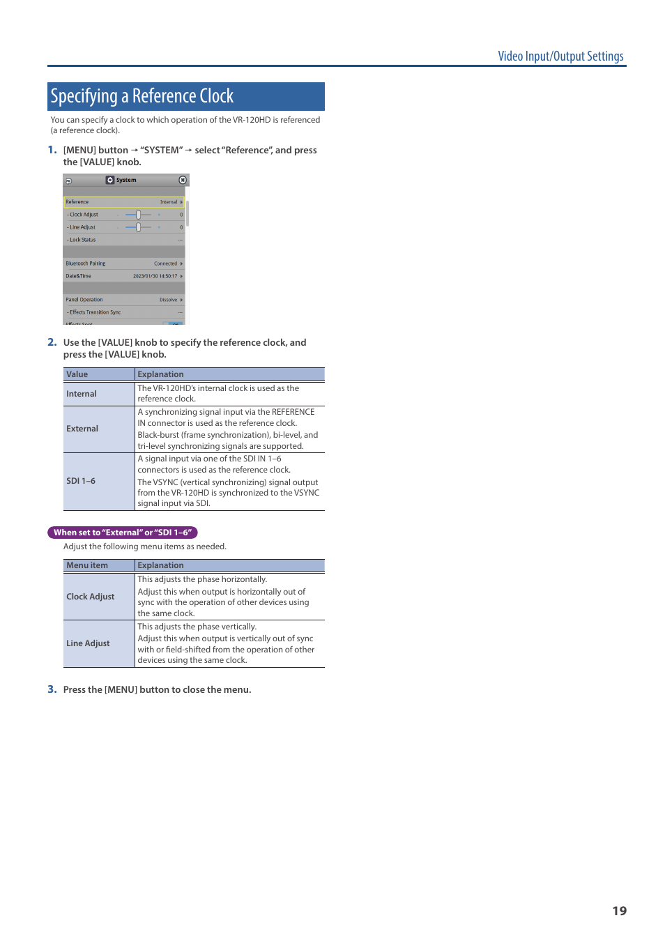Specifying a reference clock, Video input/output settings | Roland VR-120HD Direct Streaming AV Mixer User Manual | Page 19 / 161