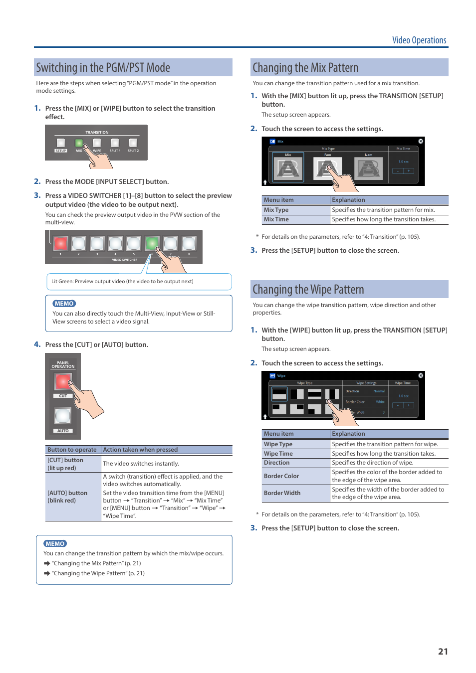 Switching in the pgm/pst mode, Changing the mix pattern, Changing the wipe pattern | Video operations | Roland VR-120HD Direct Streaming AV Mixer User Manual | Page 21 / 161