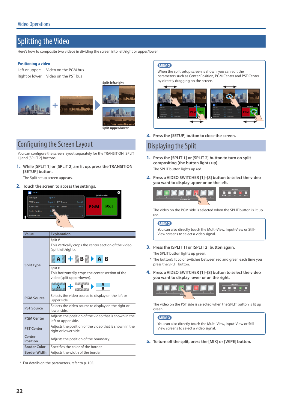 Splitting the video, Configuring the screen layout, Displaying the split | Video operations, A b a b | Roland VR-120HD Direct Streaming AV Mixer User Manual | Page 22 / 161