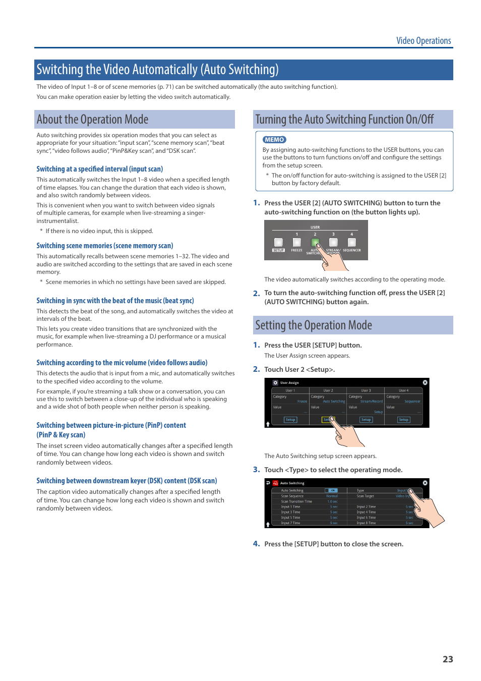 Switching the video automatically (auto switching), About the operation mode, Turning the auto switching function on/off | Setting the operation mode, Video operations | Roland VR-120HD Direct Streaming AV Mixer User Manual | Page 23 / 161