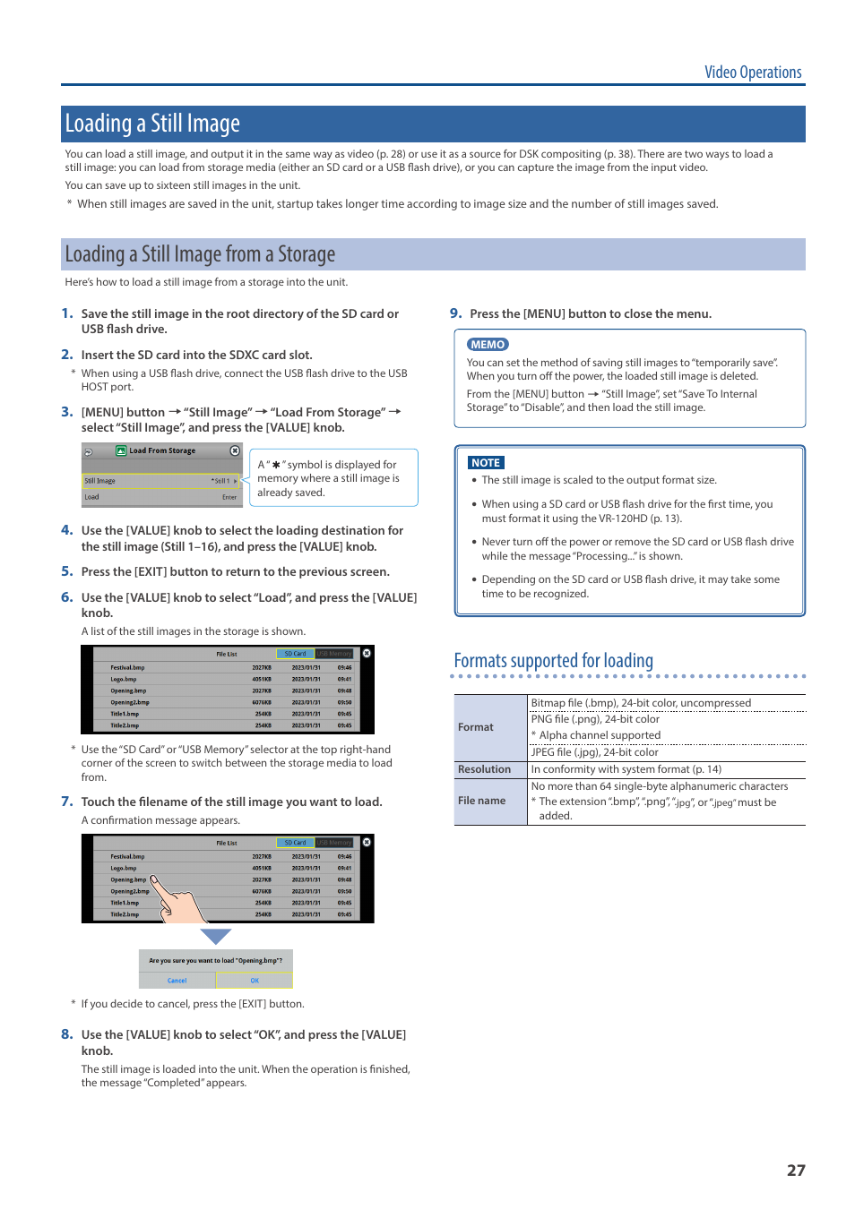 Loading a still image, Loading a still image from a storage, Formats supported for loading | Video operations | Roland VR-120HD Direct Streaming AV Mixer User Manual | Page 27 / 161