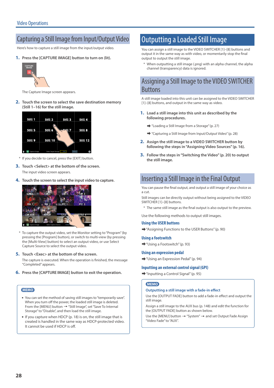 Capturing a still image from input/output video, Outputting a loaded still image, Inserting a still image in the final output | Y as video (p. 28) or use it as a sour, Video operations | Roland VR-120HD Direct Streaming AV Mixer User Manual | Page 28 / 161