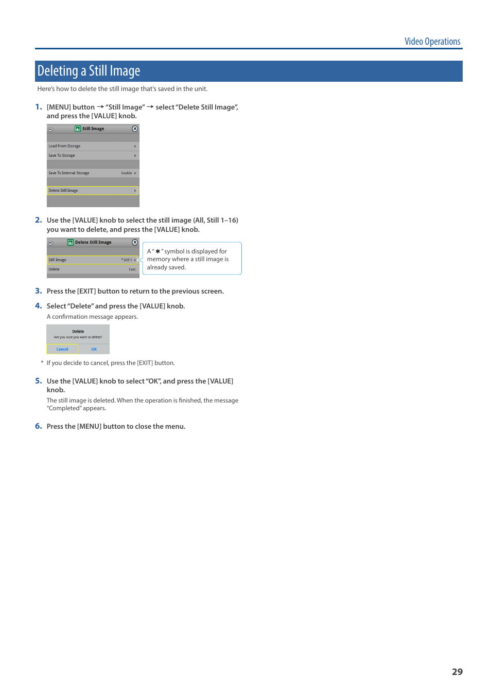 Deleting a still image, Video operations | Roland VR-120HD Direct Streaming AV Mixer User Manual | Page 29 / 161