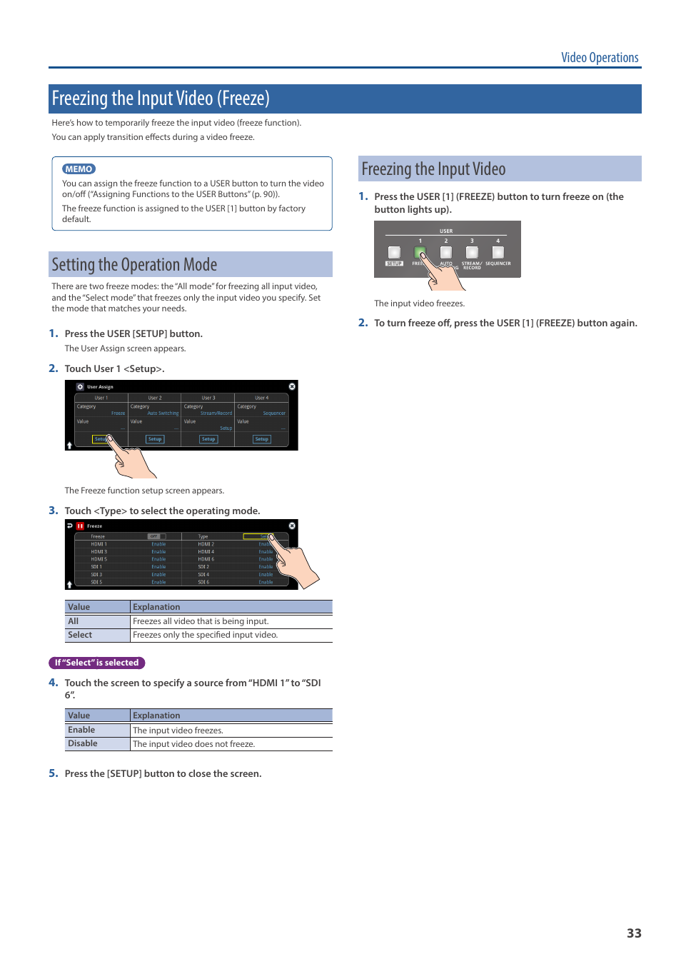 Freezing the input video (freeze), Setting the operation mode, Freezing the input video | Video operations | Roland VR-120HD Direct Streaming AV Mixer User Manual | Page 33 / 161