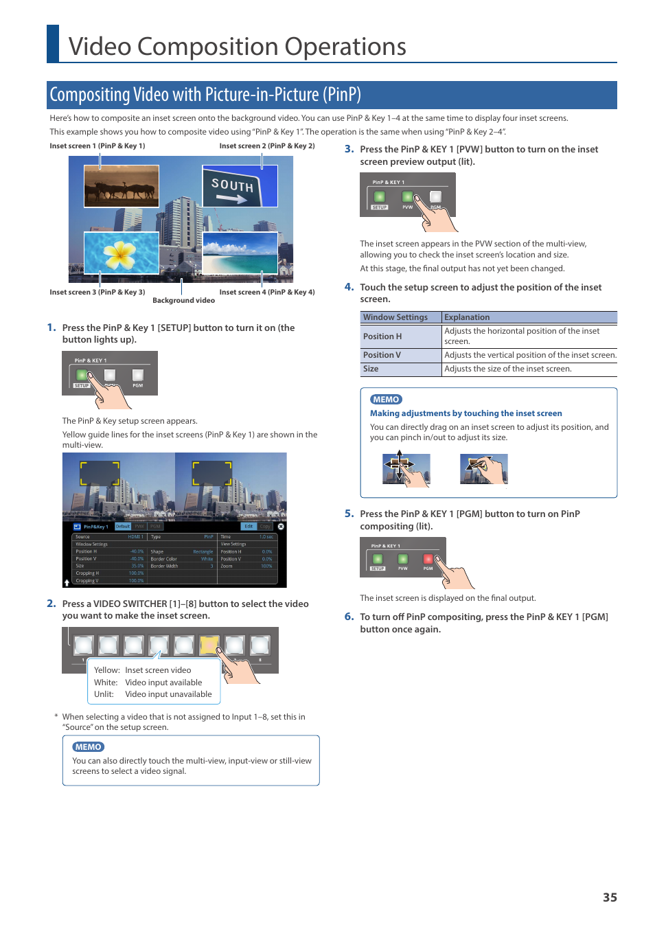 Video composition operations, Compositing video with picture-in-picture (pinp) | Roland VR-120HD Direct Streaming AV Mixer User Manual | Page 35 / 161