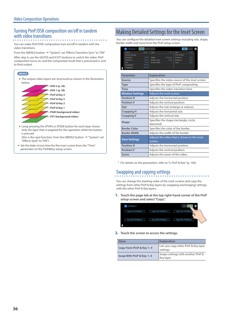 Making detailed settings for the inset screen, Swapping and copying settings, Video composition operations | Roland VR-120HD Direct Streaming AV Mixer User Manual | Page 36 / 161