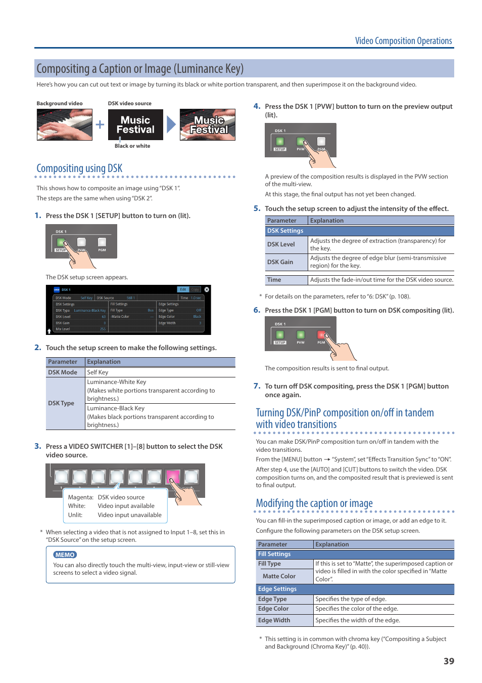 Compositing a caption or image (luminance key), Y (p. 39), Compositing using dsk | Modifying the caption or image, Video composition operations | Roland VR-120HD Direct Streaming AV Mixer User Manual | Page 39 / 161