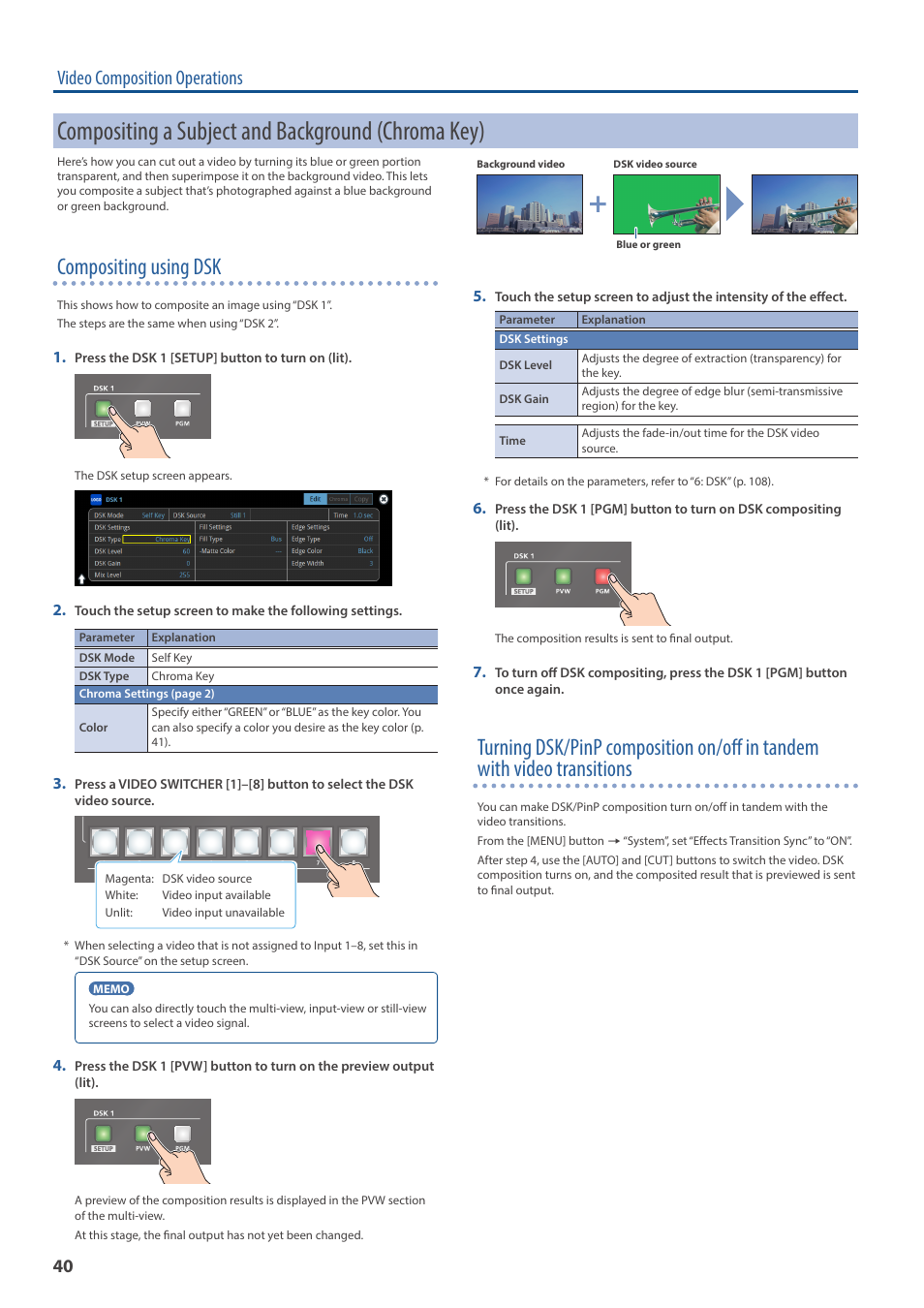 Compositing a subject and background (chroma key), Y (p. 40), Compositing using dsk | Video composition operations | Roland VR-120HD Direct Streaming AV Mixer User Manual | Page 40 / 161