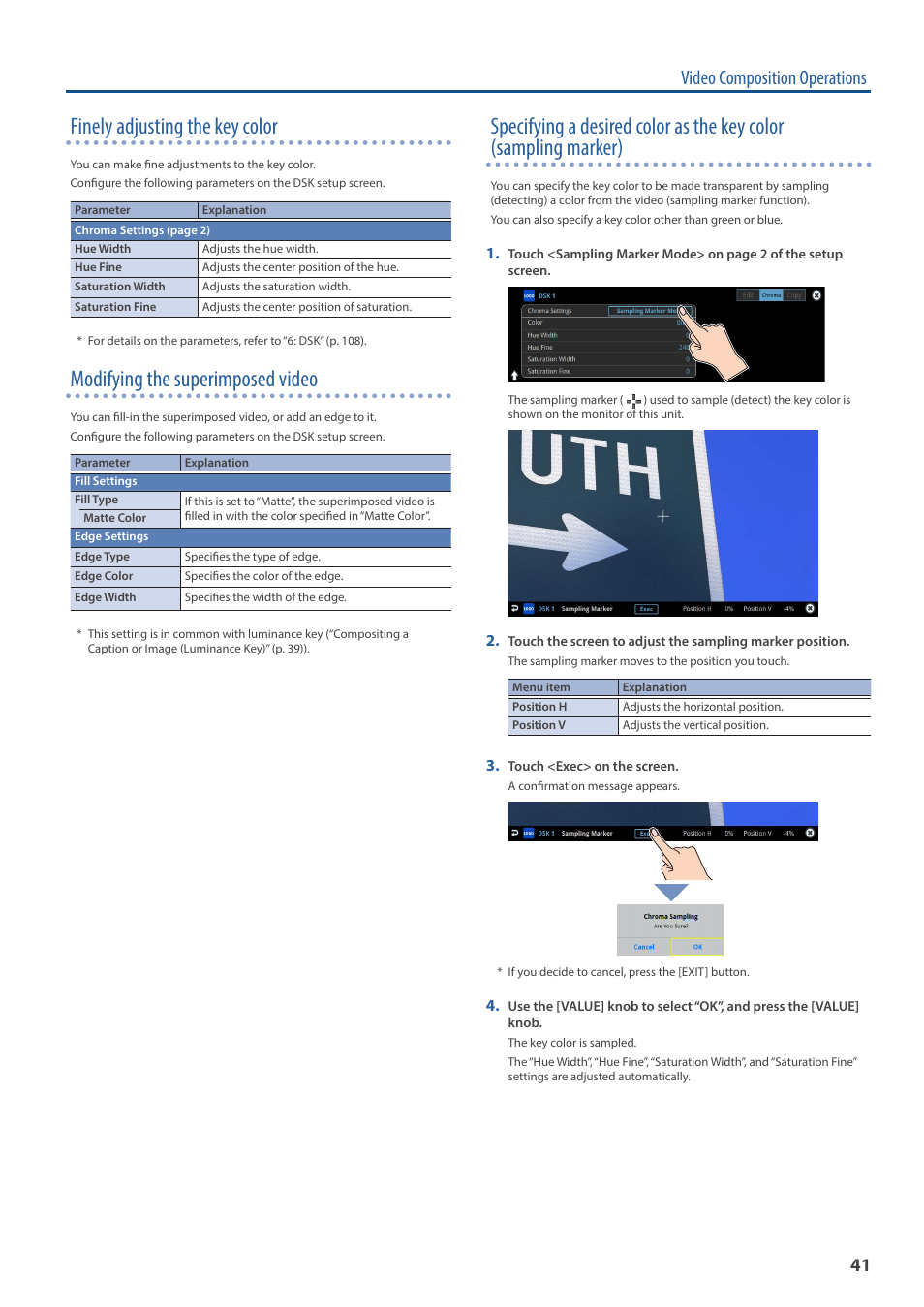 Finely adjusting the key color, Modifying the superimposed video, Video composition operations | Roland VR-120HD Direct Streaming AV Mixer User Manual | Page 41 / 161