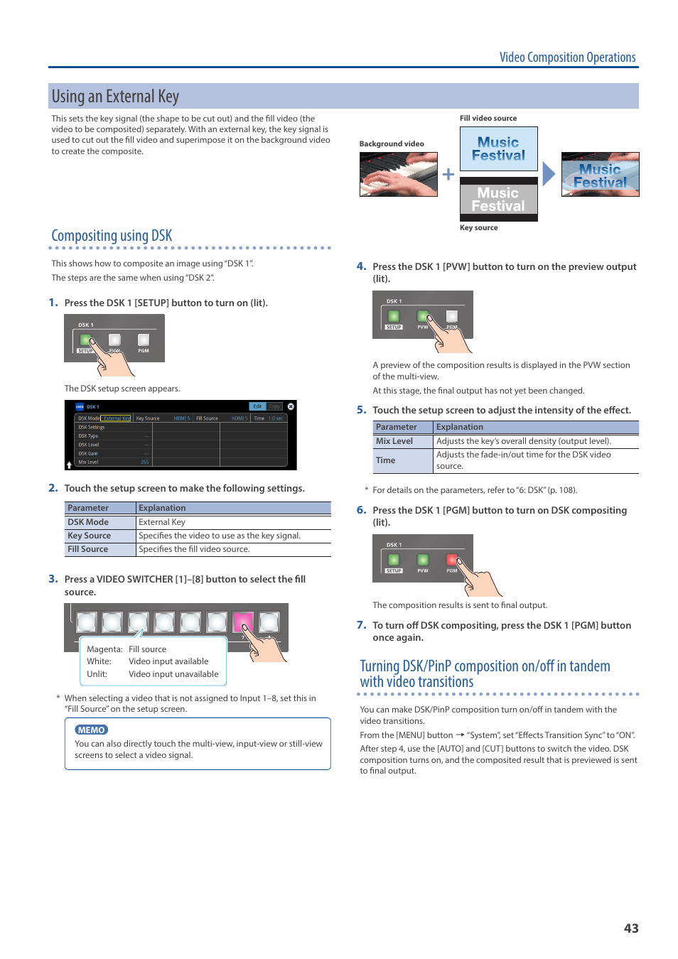 Using an external key, Y (p. 43), Compositing using dsk | Video composition operations | Roland VR-120HD Direct Streaming AV Mixer User Manual | Page 43 / 161