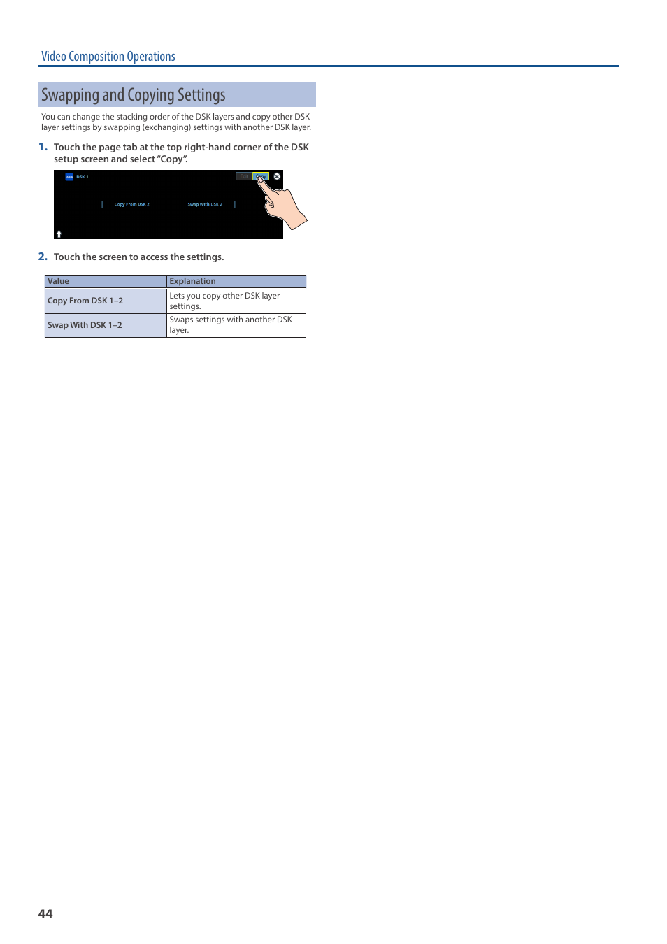 Swapping and copying settings, Video composition operations | Roland VR-120HD Direct Streaming AV Mixer User Manual | Page 44 / 161