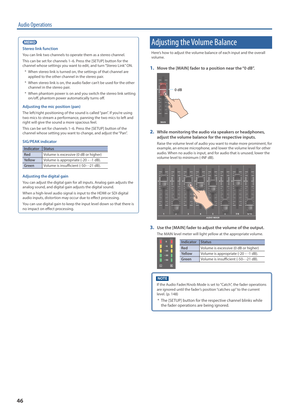 Adjusting the volume balance, Audio operations | Roland VR-120HD Direct Streaming AV Mixer User Manual | Page 46 / 161