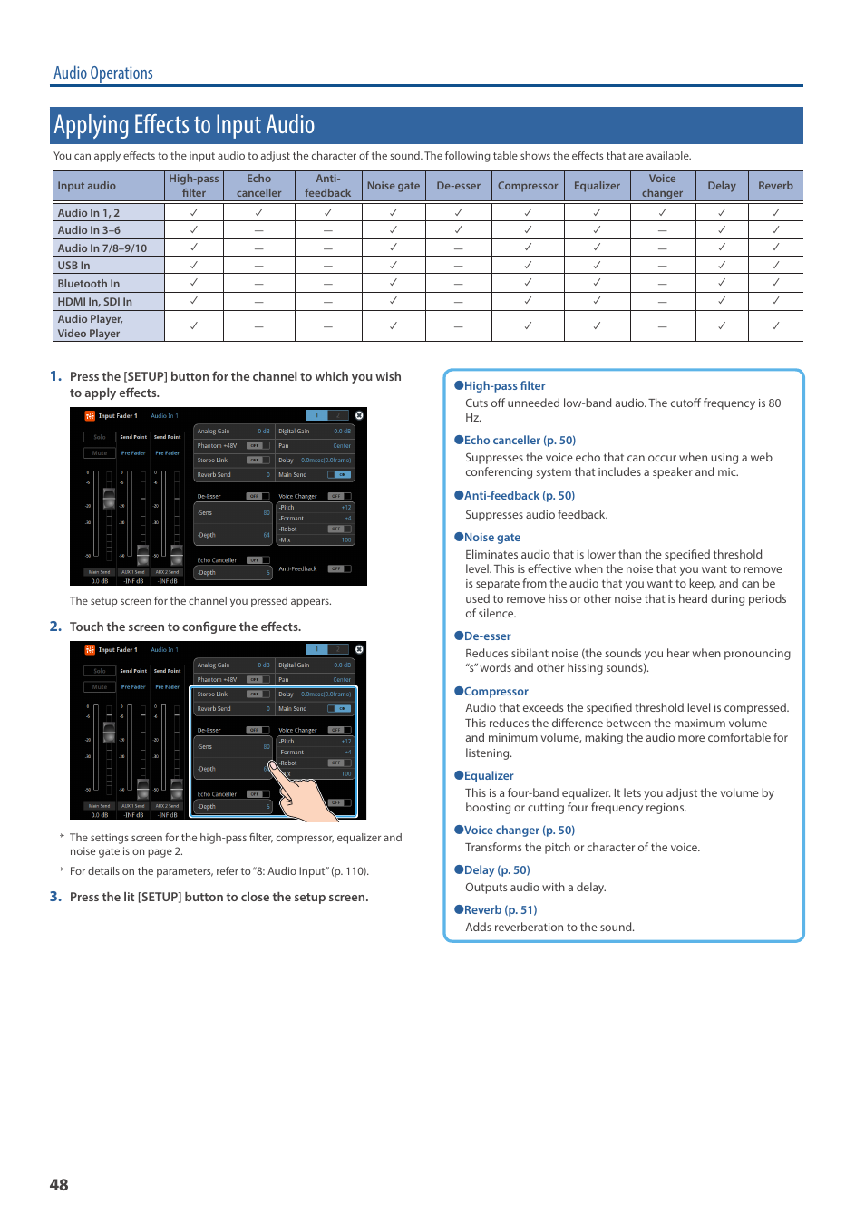 Applying effects to input audio, Audio operations | Roland VR-120HD Direct Streaming AV Mixer User Manual | Page 48 / 161