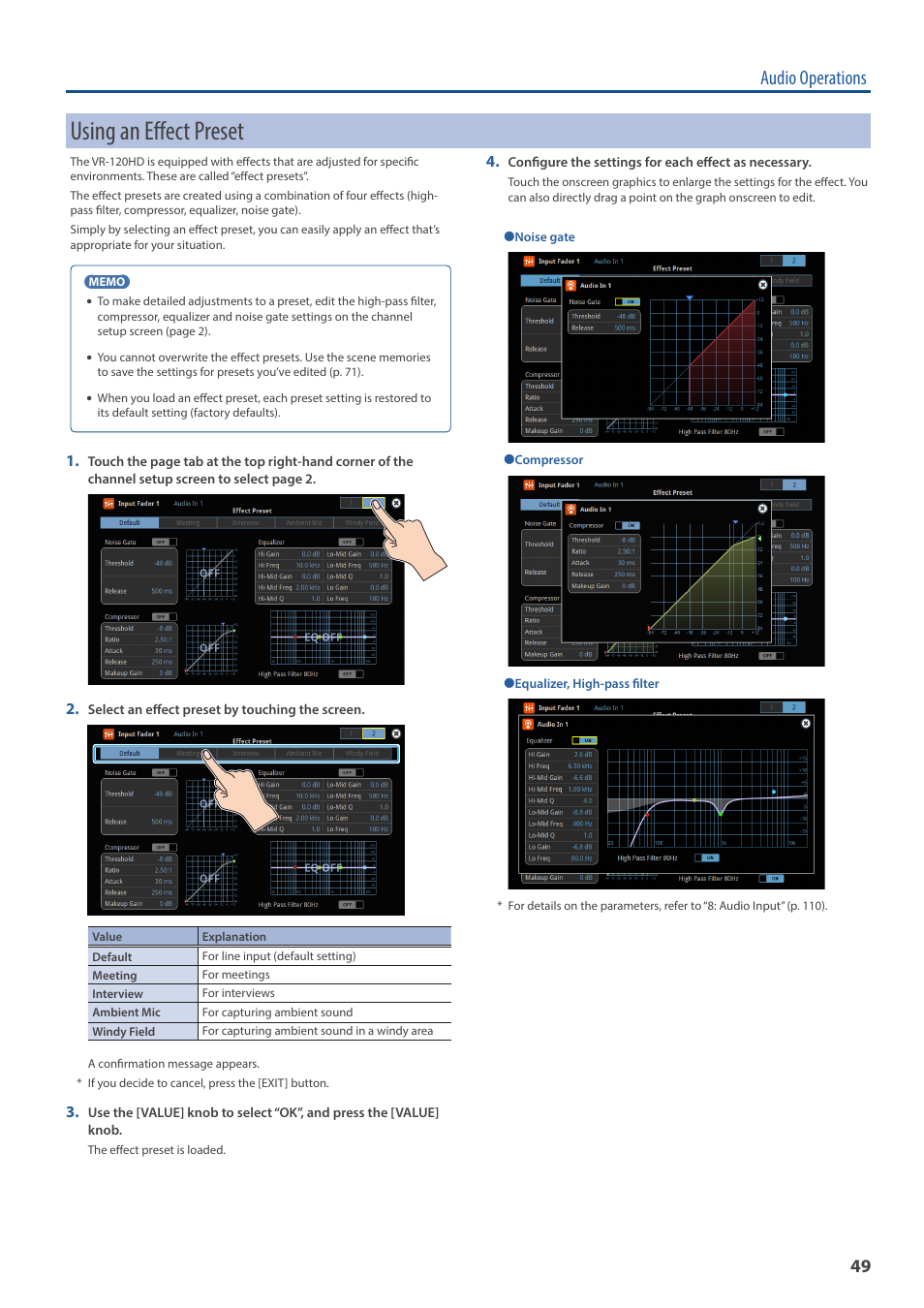 Using an effect preset, Audio operations | Roland VR-120HD Direct Streaming AV Mixer User Manual | Page 49 / 161