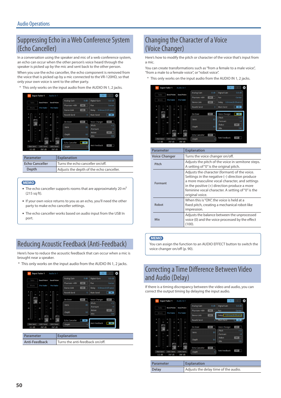 Reducing acoustic feedback (anti-feedback), Changing the character of a voice (voice changer), Eller (p. 50) | Eedback (p. 50), E changer (p. 50), Y (p. 50), Audio operations | Roland VR-120HD Direct Streaming AV Mixer User Manual | Page 50 / 161