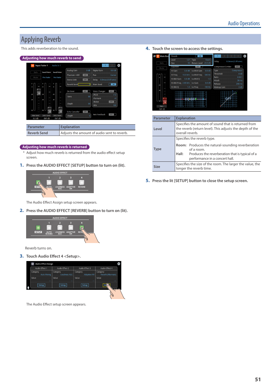 Applying reverb, Erb (p. 51), Audio operations | Roland VR-120HD Direct Streaming AV Mixer User Manual | Page 51 / 161