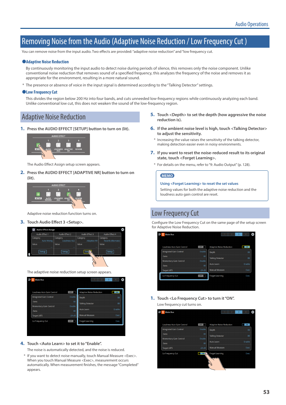 Removing noise from the audio (adaptive noise, Reduction / low frequency cut ), Tion (p. 53) | Adaptive noise reduction, Low frequency cut, Audio operations | Roland VR-120HD Direct Streaming AV Mixer User Manual | Page 53 / 161