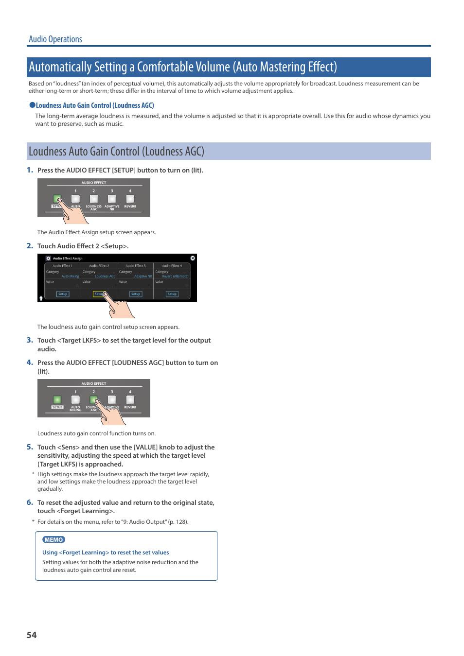 Loudness auto gain control (loudness agc), Automatically setting a comfortable volume (auto, Mastering effect) | Ol (p. 54), Audio operations | Roland VR-120HD Direct Streaming AV Mixer User Manual | Page 54 / 161